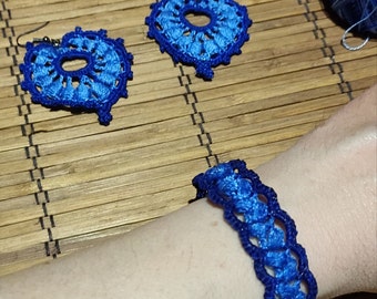 Crochet jewelry in two parts - earrings and bracelet Cotton accessories in blue color