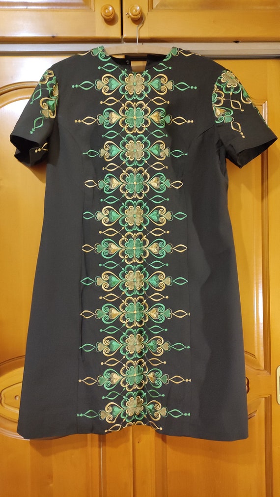 Brown dress with green and yellow embroidered flo… - image 1