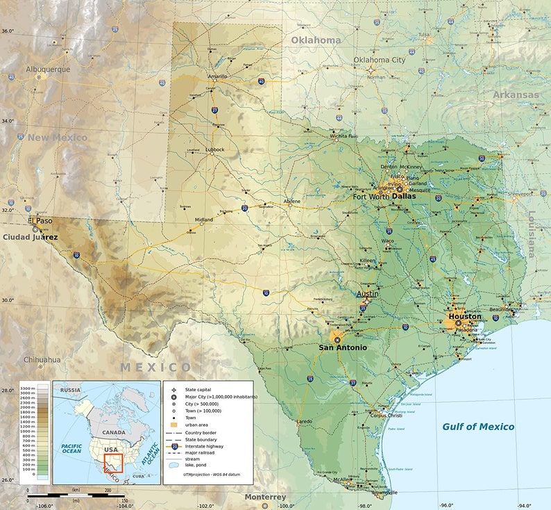 Large Detailed Physical map of The State of Texas with Roads Etsy