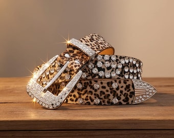 Leopard Print Rhinestone Belt with White Stones and Engraved Western Buckle
