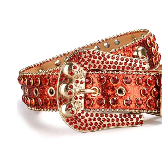 Skull Buckle Shiny Red Strap With Red Studs Rhinestone Belt  display picture 1