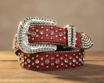 Western Red Rhinestone Embellished Women\'s Belt - Gold Buckle Red Rhinestone Western Belt – Glitter Cowgirl Belt With  main image 2