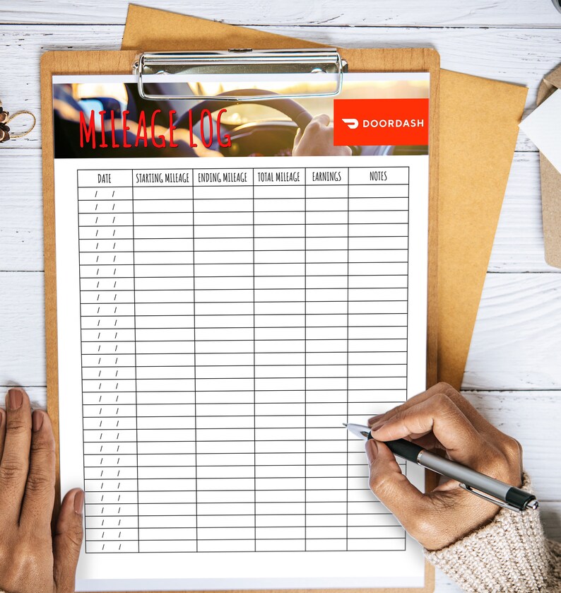 May include: A printable mileage log sheet with the DoorDash logo and a car driving on a road in the background. The sheet has columns for date, starting mileage, ending mileage, total mileage, earnings, and notes.