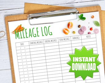 Delivery Driver Mileage Log, Gig worker mileage tracker printable