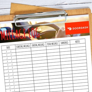 May include: A printable mileage log sheet with a black and white grid. The sheet has columns for date, starting mileage, ending mileage, total mileage, earnings, and notes. The sheet has a photo of a car steering wheel and the DoorDash logo at the top.