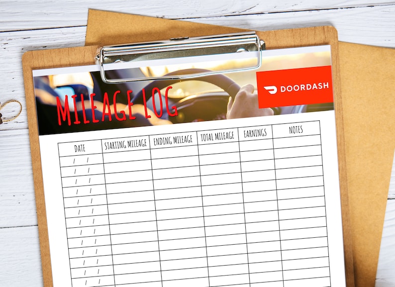 May include: A printable mileage log sheet with a black and white grid. The sheet has columns for date, starting mileage, ending mileage, total mileage, earnings, and notes. The sheet has a photo of a car steering wheel and the DoorDash logo at the top.