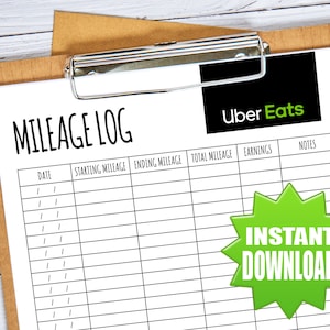 UberEats Themed Mileage Log, Gig worker mileage tracker printable