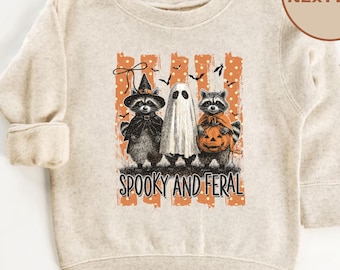 Spooky And Feral Sweatshirt, Spooky Raccoon Shirt, Cute Ghost Raccoon Shirt, Retro Fall Toddler Shirt, Halloween Ghost Tee