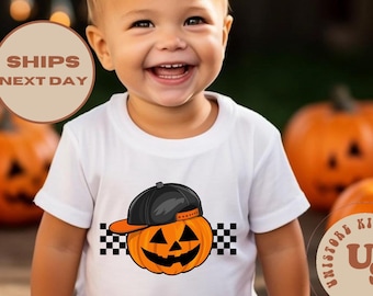 Pumpkin Boys Toddler T-Shirt, Checkered Pumpkin Kids Shirt, Cool Boy Pumpkin Shirt, Pumpkin Fall Baby Onesie®