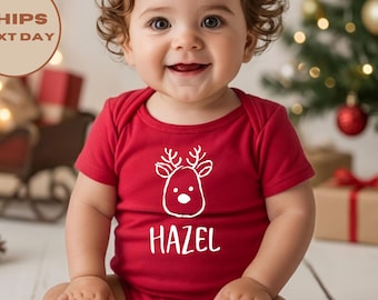 Custom Reindeer Onesie®, Custom Name Christmas Bodysuit, Holiday Baby Gift, Personalized Reindeer Baby Bodysuit