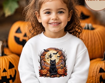 Halloween Cat Sweatshirt, Witchy Spooky Season Shirt, Spooky Cat Lover Gift, Halloween Black Cat Toddler Shirt