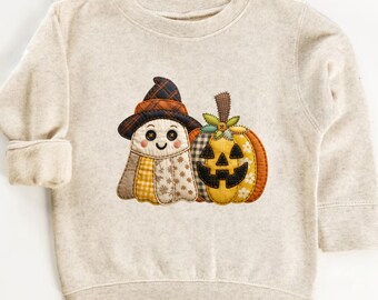 Patchwork Ghost Toddler Sweatshirt, Fall Pumpkin T-Shirt, Patchwork Pumpkin Shirt, Cute Ghost Shirt, Floral Halloween Sweatshirt