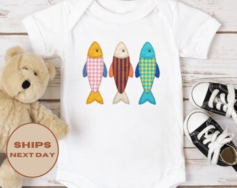Faux Patchwork Fish Shirt, Cute Fish Baby Bodysuit, Summer Kids T-Shirt, Beach Vacation Shirt, Toddler Fishing Shirt, Fishing Shirt