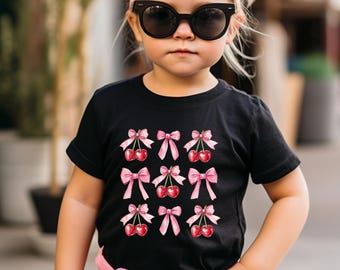 Coquette Pink Bow T-Shirt, Cherry Shirt, Valentines Day Shirt, Toddler Valentines Shirt, Bow Cherry Shirt, Cute Valnetine Day Shirt