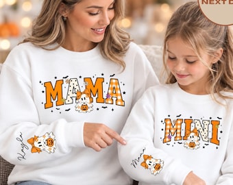 Personalized Mama Mini Halloween Matching Sweatshirts, Mommy and Me T-Shirt, Custom Ghost Name Sleeve Print Sweatshirt, Fall Mama Shirt