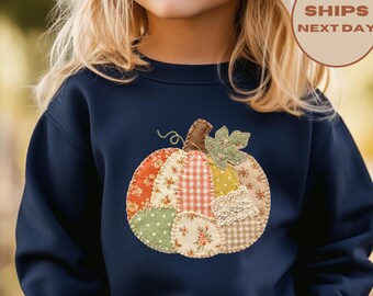 Faux Patchwork Pumpkin Sweatshirt, Autumn Pumpkin Shirt, Thanksgiving Toddler T-Shirt, Spooky Season Shirt, Fall Season Sweater