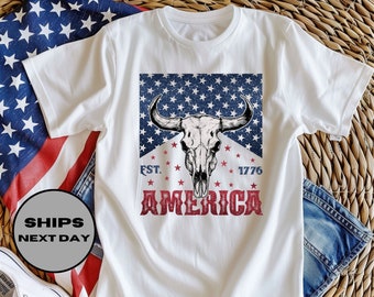 American Est. 1776 Youth Shirt, 4th of July Toddler Shirt, American Cowboy Kids Tee, Cow Skull America Shirt, Fourth Of July Toddler Tee