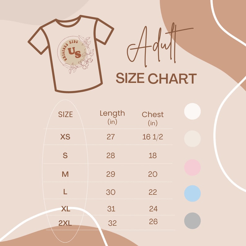Op de afbeelding: Een maattabel voor volwassen t-shirts, met afmetingen in inches. De tabel bevat maten XS tot 2XL, met bijbehorende lengte- en borstmetingen. De shirt-afbeelding toont de tekst "Unicorns Kids US".
