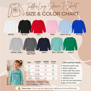 Puede incluir: Una tabla de tallas y colores para camisetas de manga larga para ni&ntilde;os peque&ntilde;os con once opciones de colores s&oacute;lidos: blanco, negro, rojo, rosa, azul claro, azul real, gris deportivo, gris granito, marino, agua y kelly. Incluye tabla de tallas en pulgadas.