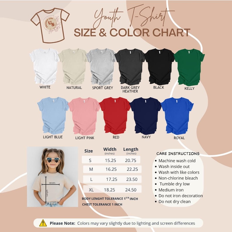 Puede incluir: Una tabla de tallas y colores para camisetas juveniles con once colores: blanco, natural, gris deportivo, gris oscuro jaspeado, negro, kelly, azul claro, rosa claro, rojo, azul marino y royal. Incluye una tabla de medidas en pulgadas e instrucciones.