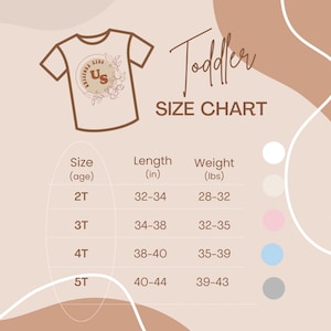 May include: A size chart for toddler clothing with a graphic of a t-shirt featuring the text "Little Kids US". The chart shows sizes 2T, 3T, 4T, and 5T with corresponding length and weight ranges in inches and pounds.