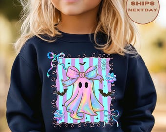 Iridescent Ghost Sweatshirt, Ghost Halloween Shirt, Spooky Season Toddler Shirt, Girly Ghost Kids T-Shirt