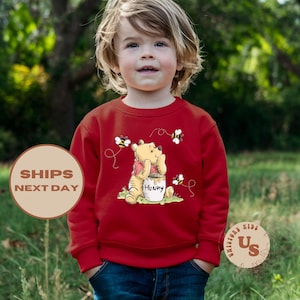 May include: Red sweatshirt with a Winnie the Pooh illustration. Pooh is holding a honey pot and surrounded by bees. The text "Hunny" is on the honey pot.