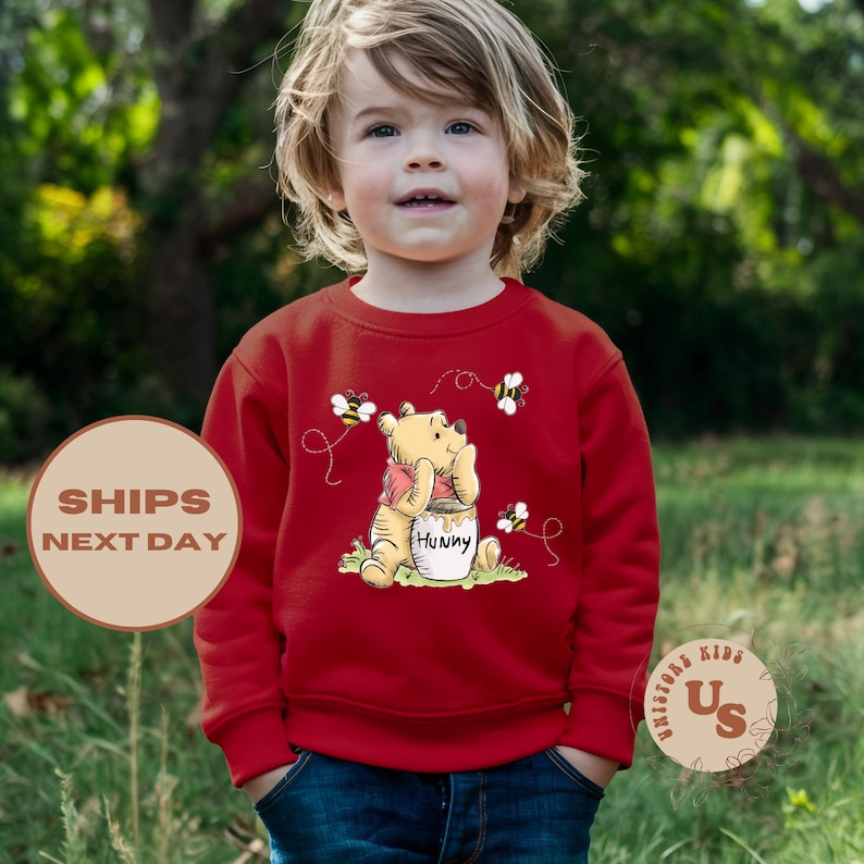 May include: Red sweatshirt with a Winnie the Pooh illustration. Pooh is holding a honey pot and surrounded by bees. The text "Hunny" is on the honey pot.