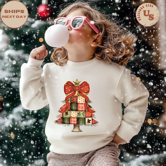 Christmas Patchwork Tree Sweatshirt, Coquette Bow Tree Shirt, Xmas Kids T-Shirt, Christmas Tree Sweater, Happy New Year Shirt