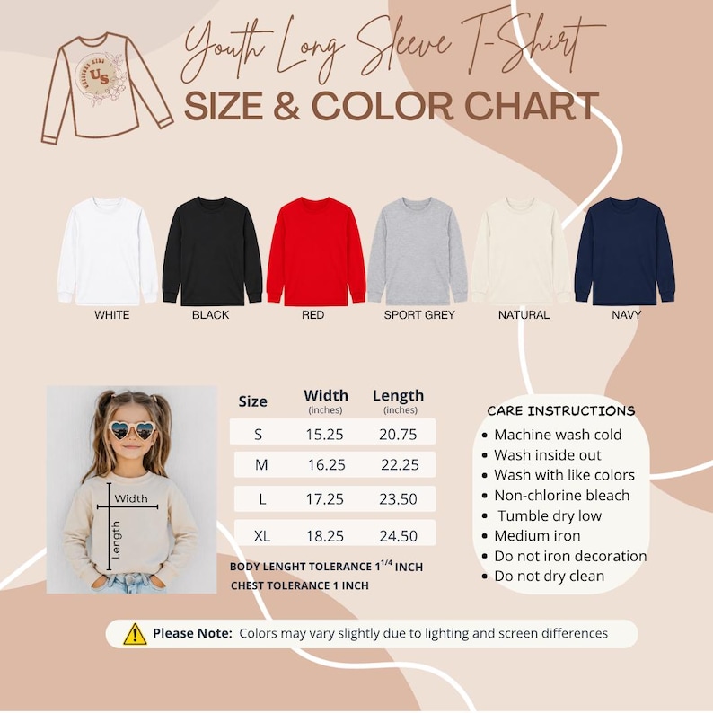 Puede incluir: Una tabla de tallas y colores para camisetas de manga larga juveniles con seis colores: blanco, negro, rojo, gris deportivo, natural y azul marino. Incluye una tabla de medidas en pulgadas, instrucciones de cuidado y una gu&iacute;a visual de tallas.