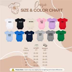 Puede incluir: Una tabla de tallas y colores para bodies de beb&eacute; con doce opciones de color: blanco, negro, natural, rosa claro, lavanda, rojo, azul claro, real, marino, gris deportivo, granito jaspeado y kelly. Incluye una tabla con talla, longitud en pulgadas y peso en libras.