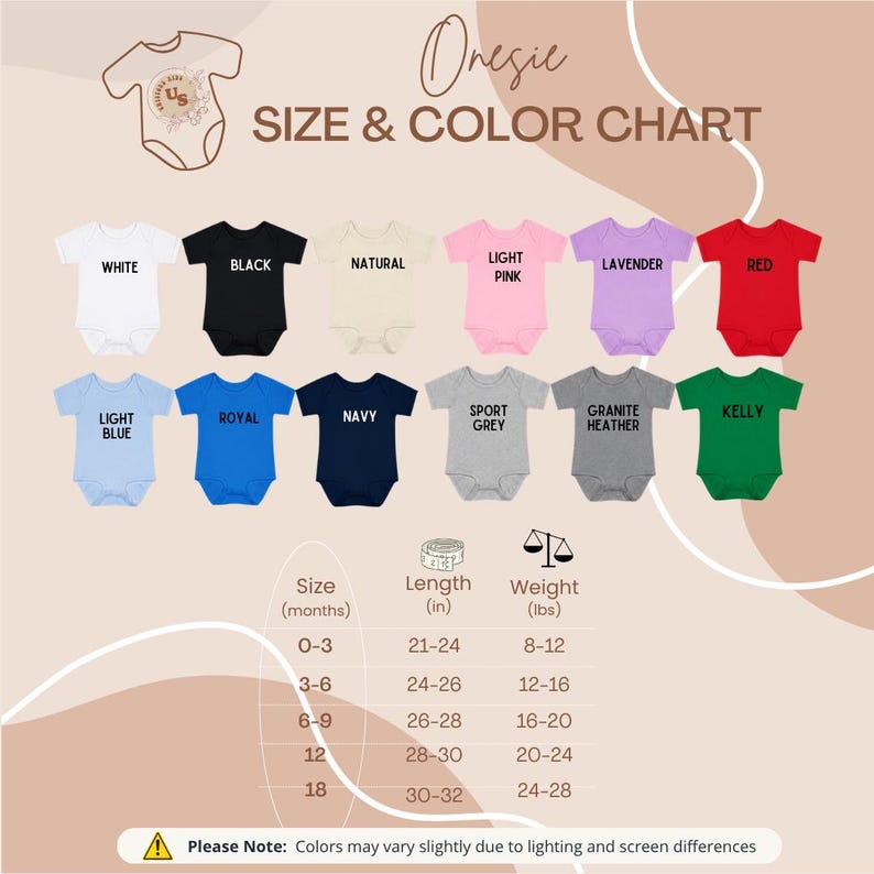 Puede incluir: Una tabla de tallas y colores para bodies de beb&eacute; con doce opciones de color: blanco, negro, natural, rosa claro, lavanda, rojo, azul claro, real, marino, gris deportivo, granito jaspeado y kelly. Incluye una tabla con talla, longitud en pulgadas y peso en libras.