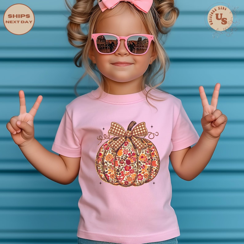 Puede incluir: Una camiseta rosa con un dise&ntilde;o de calabaza floral y un lazo a cuadros marr&oacute;n. La camiseta la lleva un ni&ntilde;o que lleva gafas de sol rosas y un lazo rosa. El fondo es una pared azul.