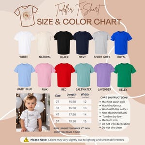 Puede incluir: Una tabla de tallas y colores para camisetas de ni&ntilde;o peque&ntilde;o con doce colores: blanco, natural, negro, marino, gris deportivo, real, azul claro, rosa, rojo, agua salada, lavanda y kelly. Incluye una tabla de tallas en pulgadas e instrucciones de cuidado.