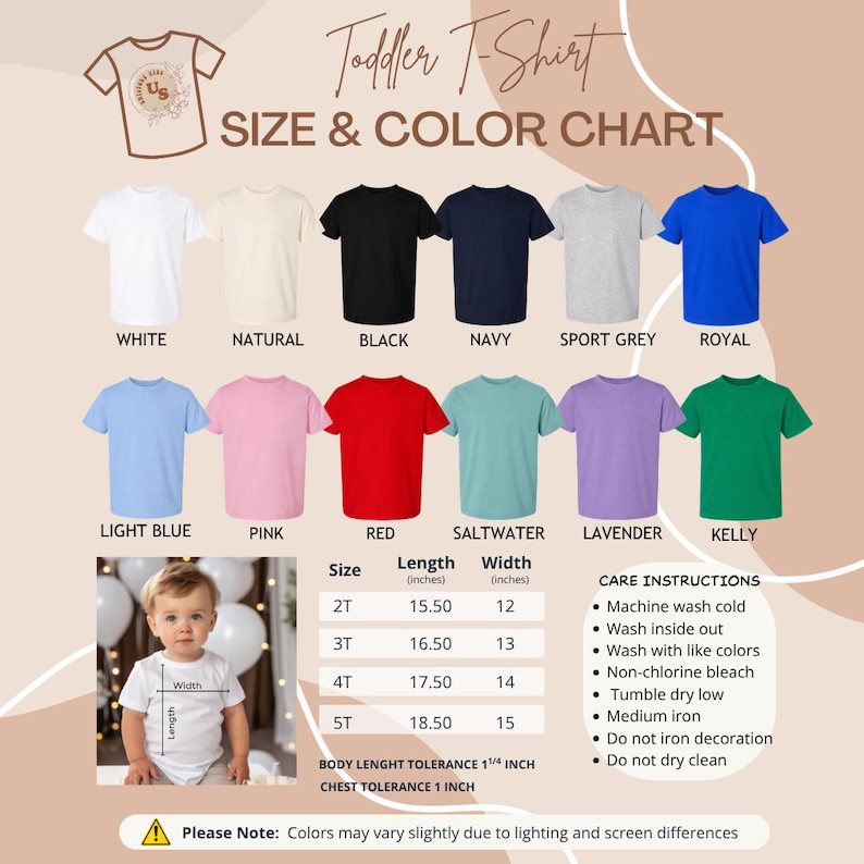 Puede incluir: Una tabla de tallas y colores para camisetas de ni&ntilde;o peque&ntilde;o con doce colores: blanco, natural, negro, marino, gris deportivo, real, azul claro, rosa, rojo, agua salada, lavanda y kelly. Incluye una tabla de tallas en pulgadas e instrucciones de cuidado.