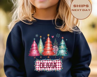 Personalized Christmas Trees Sweatshirt, Custom Name Christmas Toddler Shirt, Holiday Sweatshirt, Girl Holiday Outfit