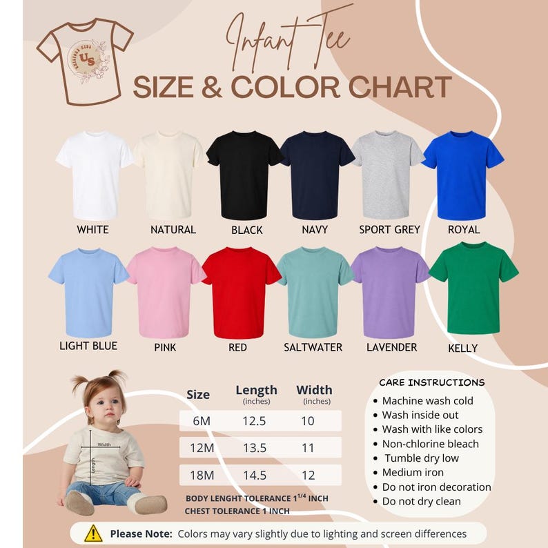 Puede incluir: Una tabla de tallas y colores para camisetas de beb&eacute; que muestra doce opciones de colores de manga corta, incluyendo blanco, natural, negro, marino, gris deportivo, real, azul claro, rosa, rojo, agua salada, lavanda y kelly, con gu&iacute;a en pulgadas.