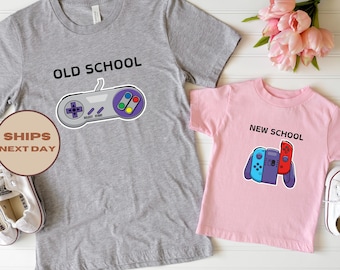 Bijpassend vader- en kindershirt, Old School New School-shirt, gepersonaliseerd T-shirt videogame, cadeaus outfit vader en baby