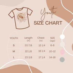May include: Youth size chart for t-shirts with measurements in inches. The chart shows sizes S, M, and L with corresponding chest and length measurements. The chart also includes age ranges for each size: 6-8, 10-12, and 14-16.