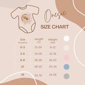 May include: A beige onesie size chart featuring a line drawing of a baby bodysuit with the text Whistling Kids US. The chart lists sizes in months from 0-3 to 18, with corresponding lengths in inches from 21-32 and weights in pounds from 8-28.