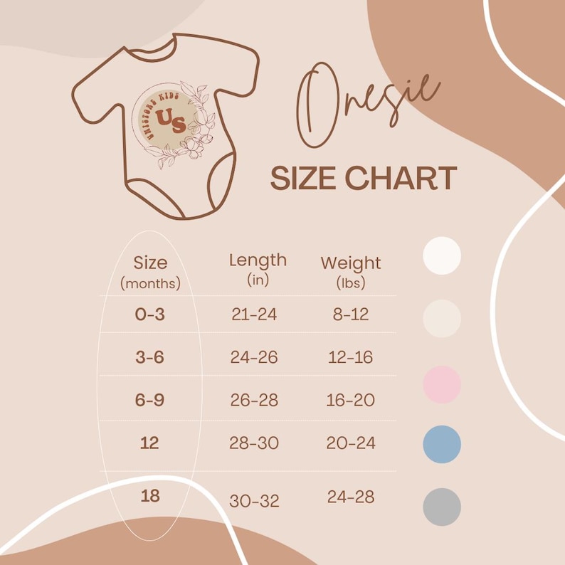 May include: A beige onesie size chart featuring a line drawing of a baby bodysuit with the text Whistling Kids US. The chart lists sizes in months from 0-3 to 18, with corresponding lengths in inches from 21-32 and weights in pounds from 8-28.