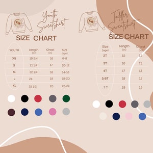 May include: Size chart for youth and toddler sweatshirts. The chart shows sizes in inches and age ranges. The color options include white, black, red, gray, green, maroon, navy blue, light blue, pink, and light gray.