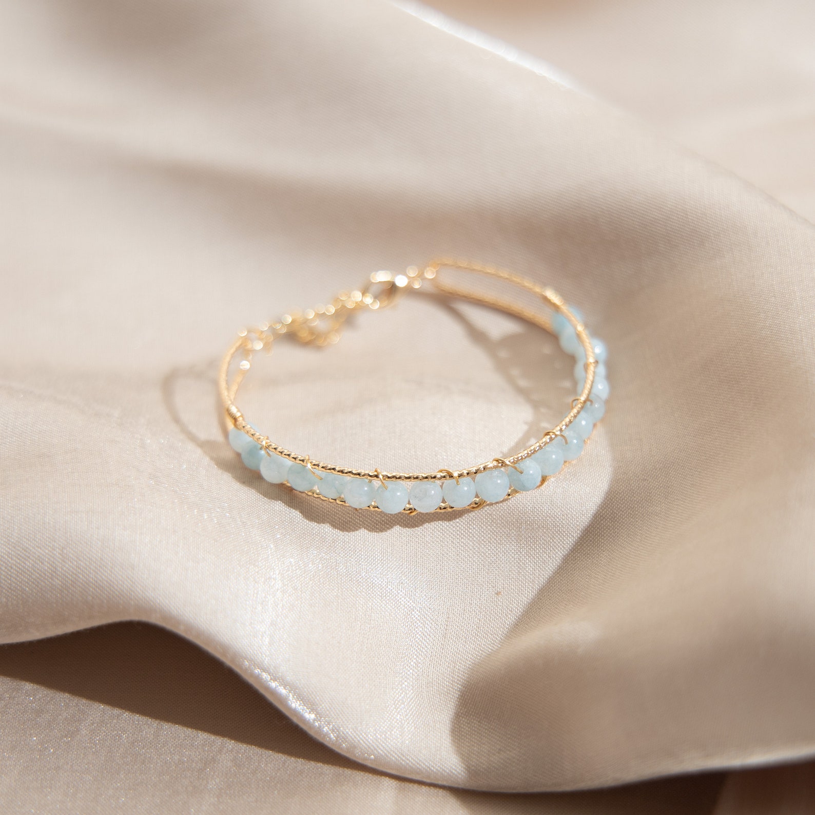 GENUINE AQUAMARINE BRACELET 14K Gold Plated Cuff Bangle Etsy