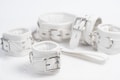 White BDSM Leather Set, Bdsm Collar, bdsm hancuffs and ankle cuffs, Bdsm wrist cuffs, collar and leash product logo