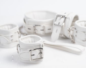 White BDSM Leather Set, Bdsm Collar, bdsm hancuffs and ankle cuffs, Bdsm wrist cuffs, collar and leash
