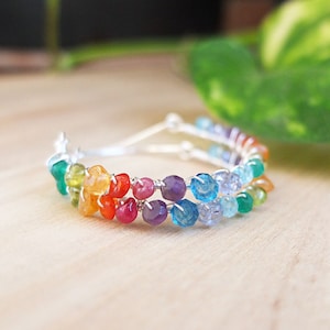 rainbow hoop earrings, natural multi gemstones, silver