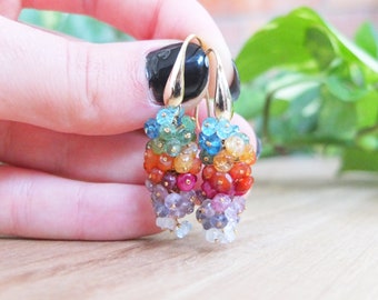 Grape rainbow earrings with natural gemstones, Rainbow cluster gemstone earrings, long earrings, cascade earrings