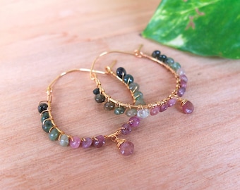 gold filled tourmaline hoop earrings with pink tourmaline briolette, natural gemstones