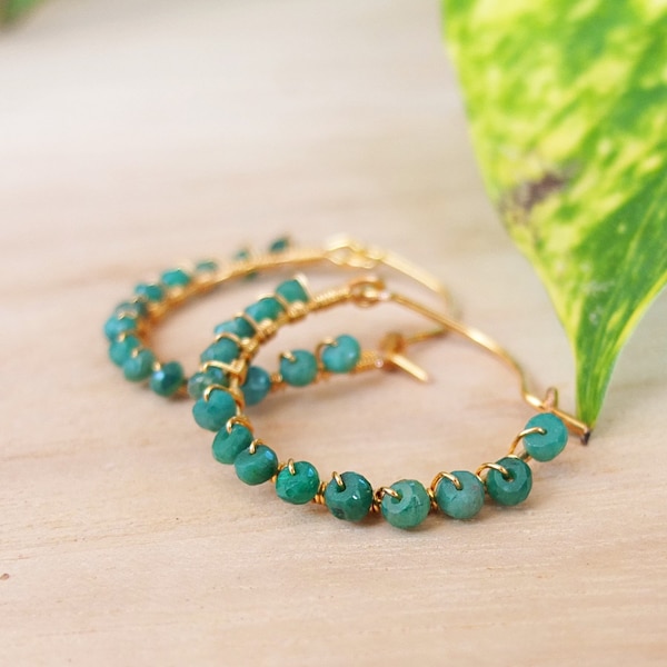 emerald earring, hoop gold filled
