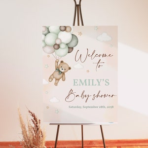 EDITIERBARE Teddy Bär Baby Shower Willkommensschild We can BearlyWaist Poster Grüne Luftballons Vorhof Schild Printable Party Schild Vorlage BS21G